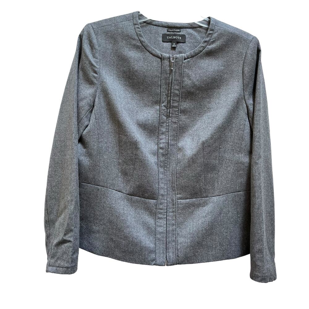 Talbots Gray Italian Flannel Wool Blend Zip Up Collarless Jacket Size 10